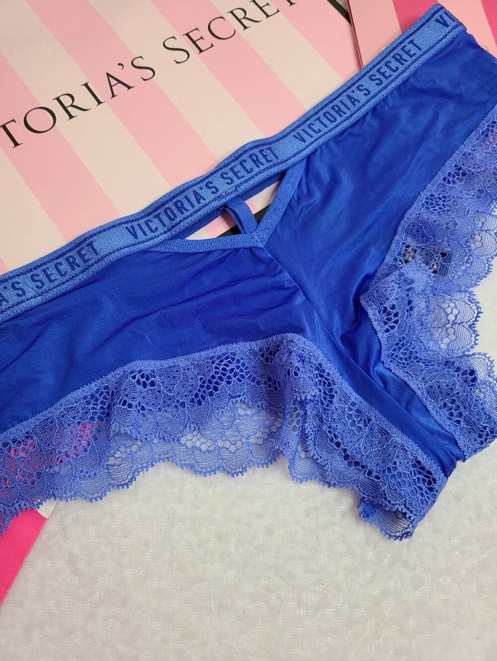 Retired Victoria's Secret Silky Satin Lace Logo Band Cut-out Cheeky Panty Sz M